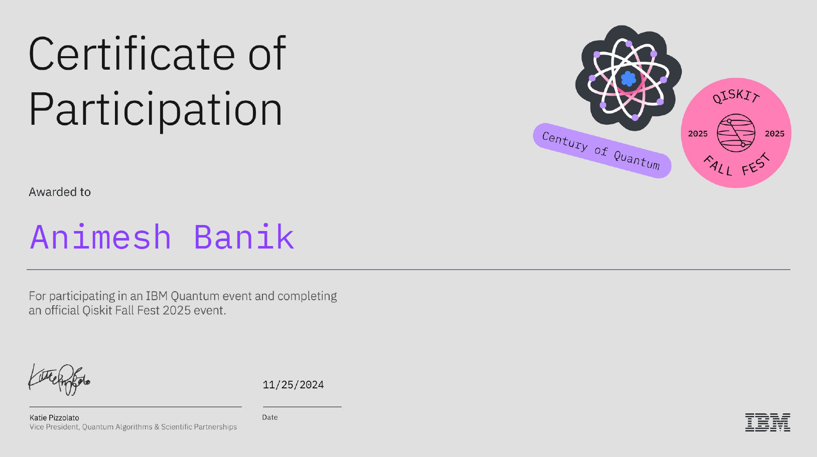 Qiskit Fall Fest Certificate